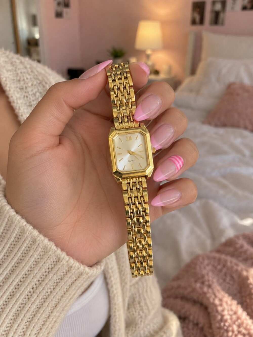 Gold Tone Quartz Watch with Champagne Dial and Brick Link Band